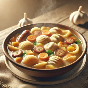 DALL·E 2024 09 13 10.53.44 A simpler realistic image of Escudella i Carn dOlla with less detail. The dish features large shell shaped pasta floating in a light broth with basi