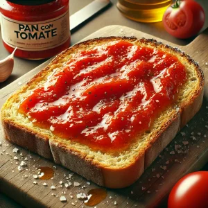 DALL·E 2024 09 13 11.06.02 A realistic image of Pan con Tomate a traditional Spanish dish. The bread is toasted and rubbed with ripe tomatoes leaving a very thin spread like